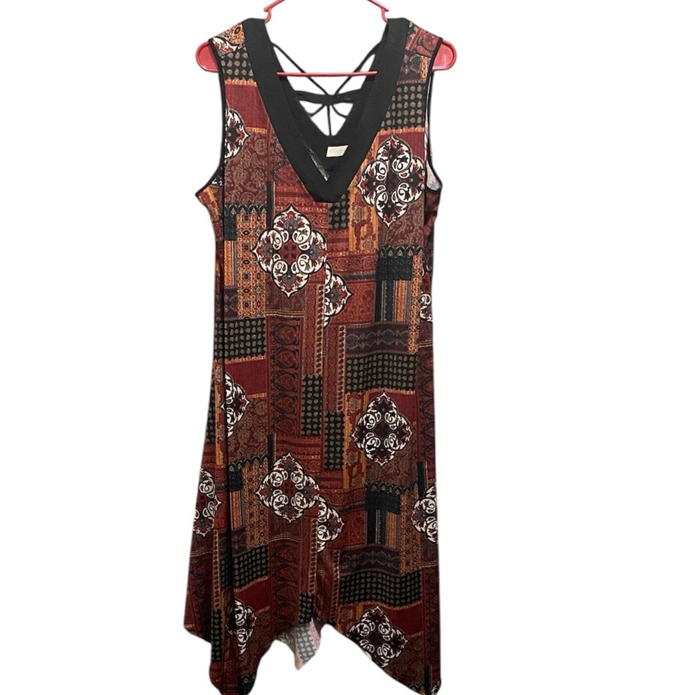 Perceptions Asymmetrical Dress with Black and Burgundy Patterns